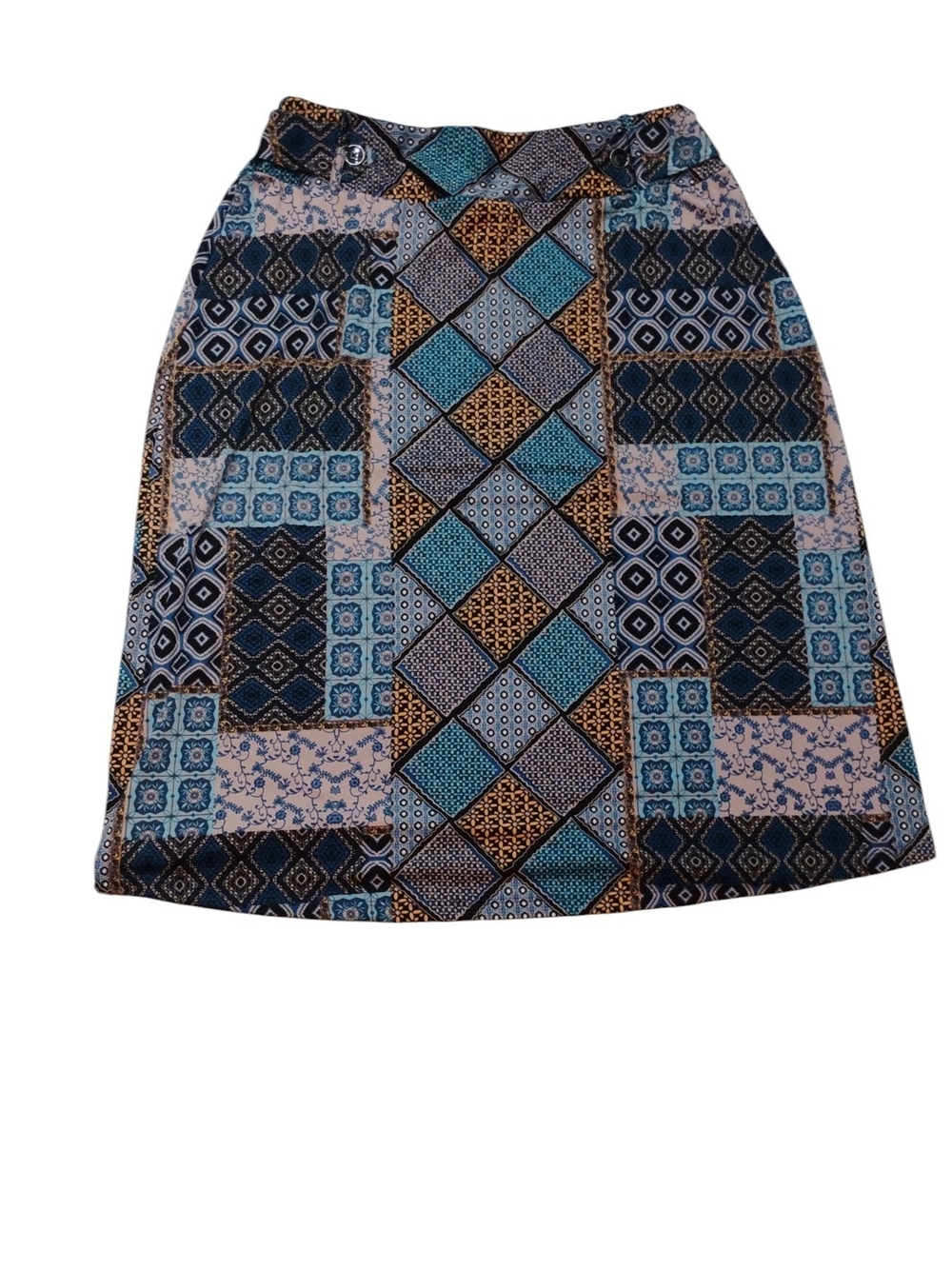 Robert Louis Patchwork A-Line Skirt in Blue, Tan, Black SZ L